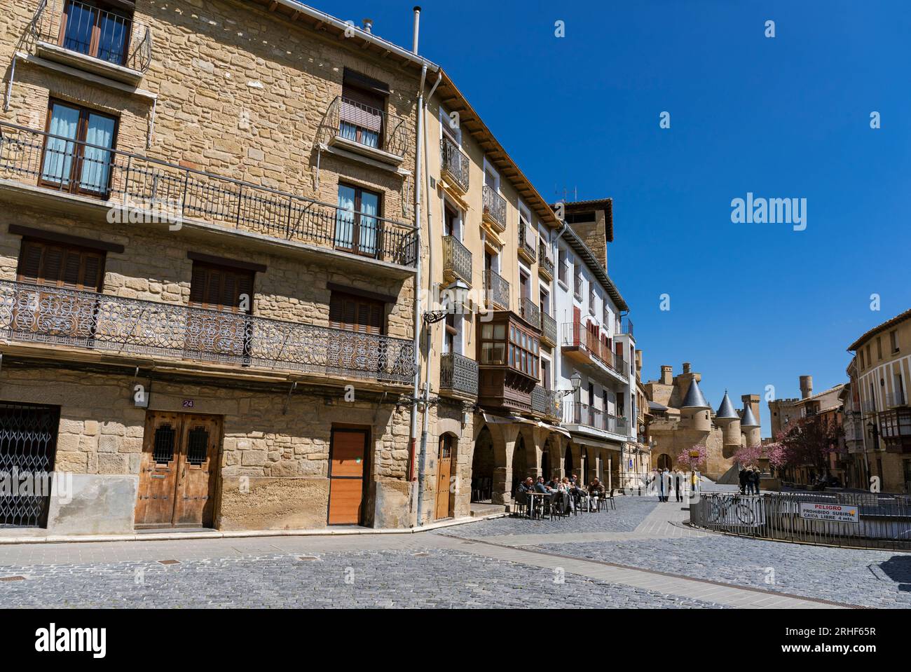 Europe, Spain, Navarre, Olite, Traditional Buildings and Houses on Plaza Carlos III El Noble Stock Photo