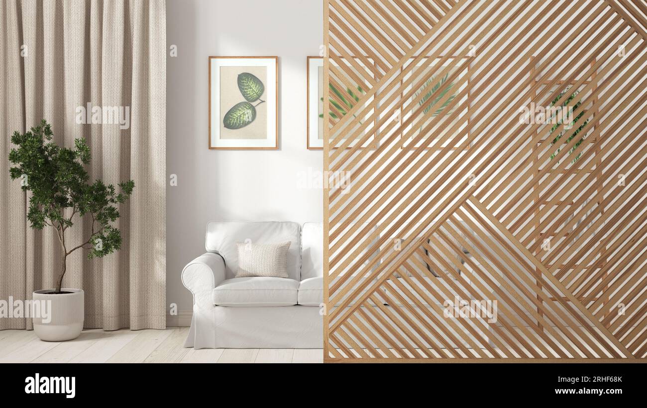 Wooden panel close-up, modern scandinavian living room with white ...