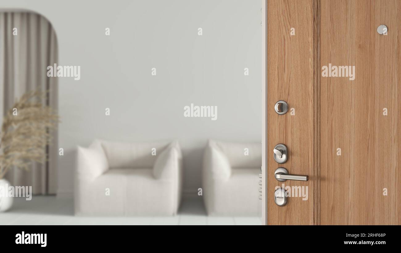 Picture of Wooden entrance door opening on scandinavian living room with white ...