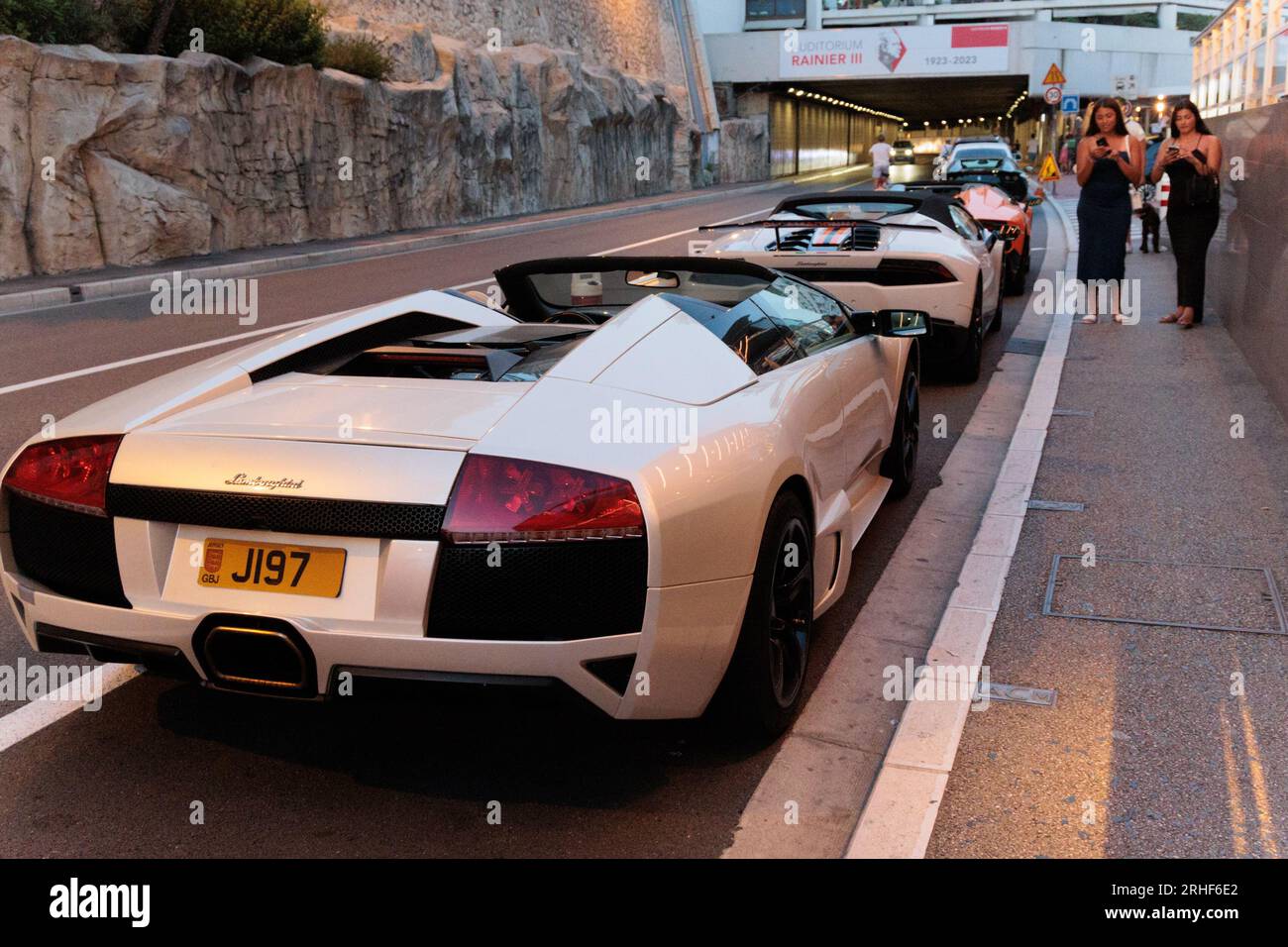 Lamborghinis parked outside the Monte Carlo Yacht Club in Monaco Stock Photo