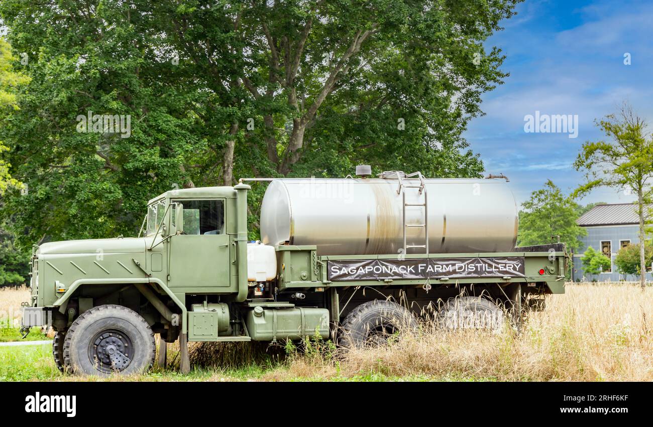 Large truck with a sign for the Sagaponack Farm Distillery Stock Photo