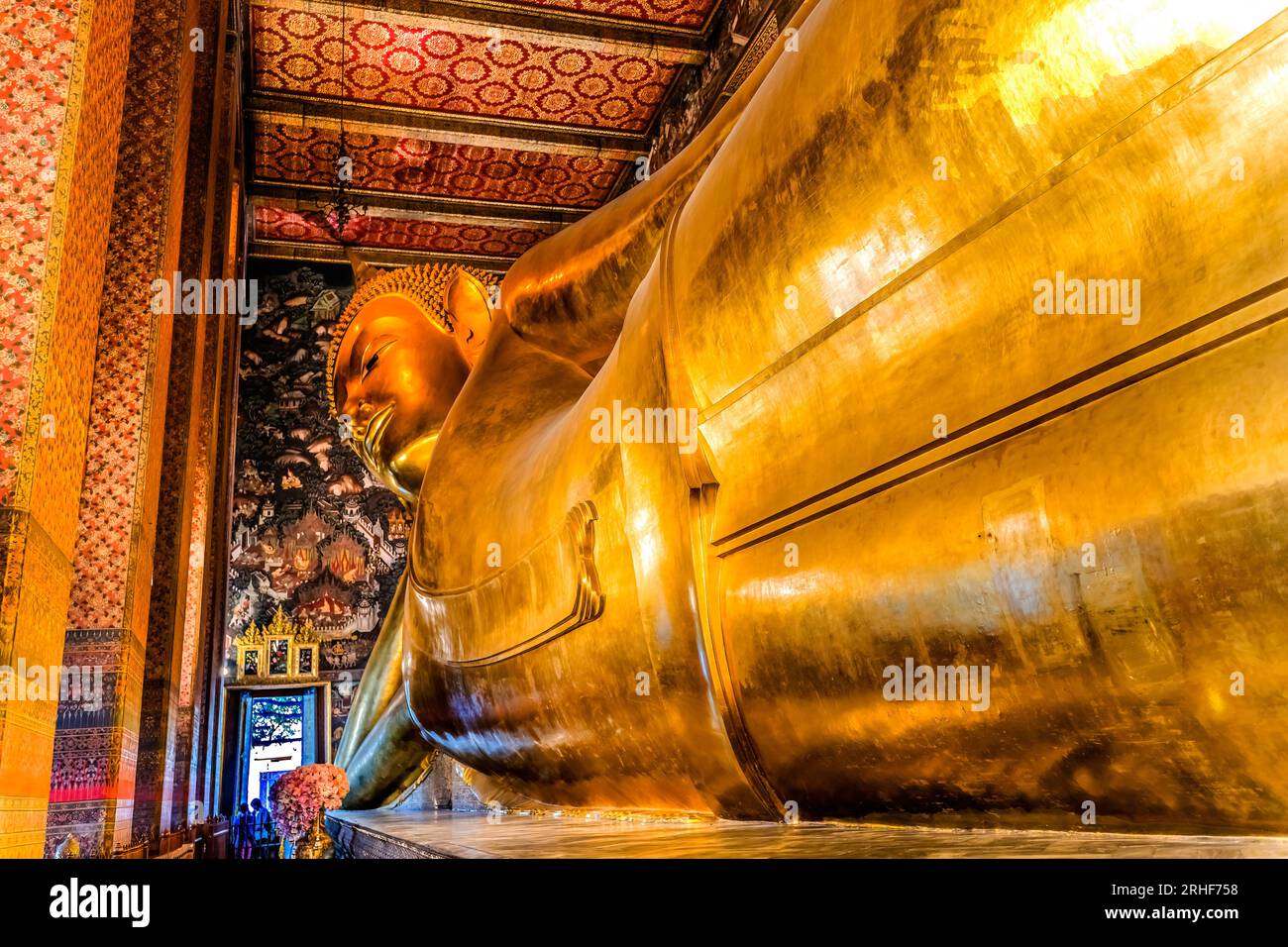 Coloful Reclining Buddha Front Door Wat Phra Chetuphon Wat Pho Po Temple Complex Bangkok Thailand. Temple built in 1600s. Reclining Buddha built in 18 Stock Photo