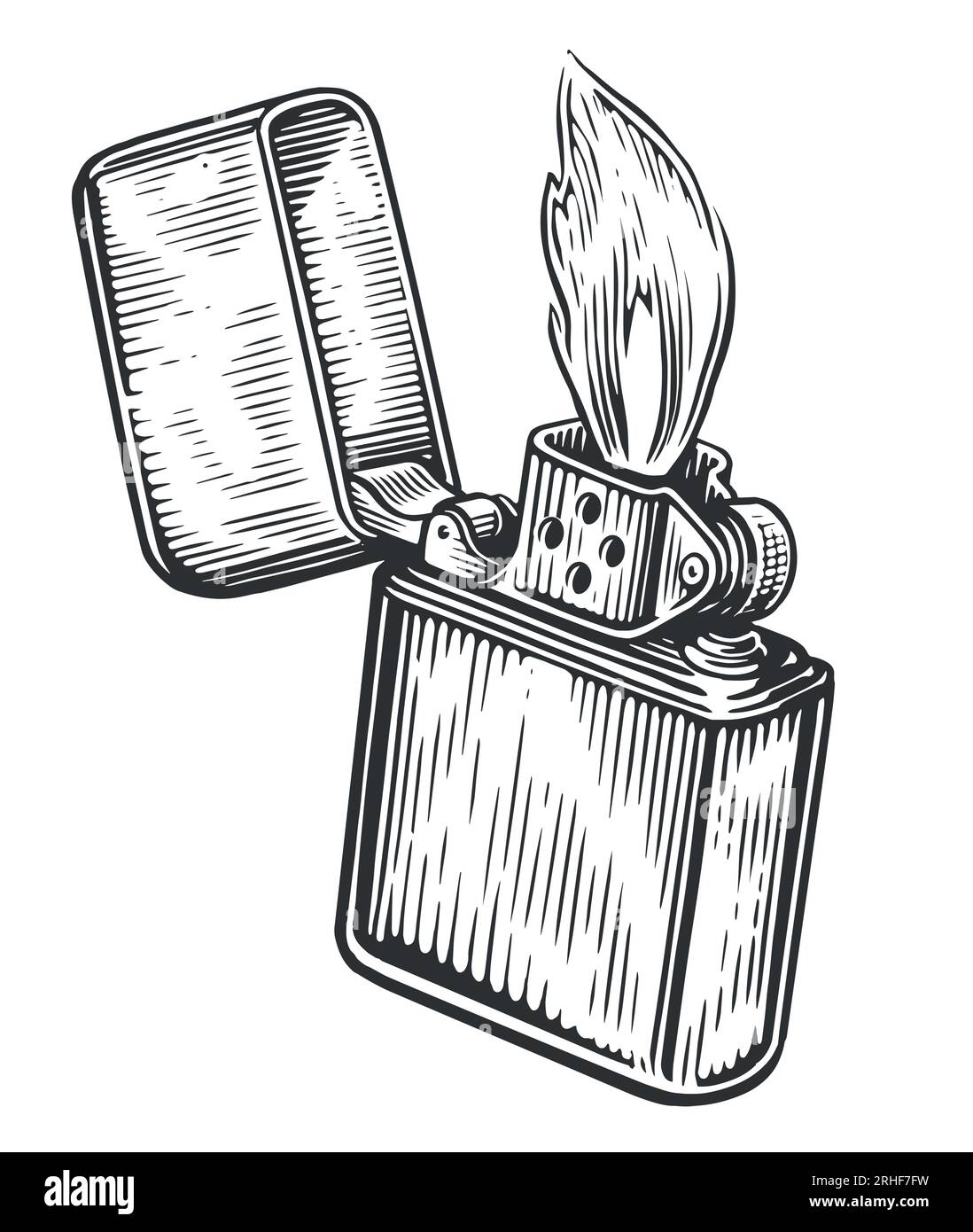Fire flame and lighter burns with the lid open. Burning cigarette lighter.  Sketch vintage vector illustration Stock Vector Image & Art - Alamy