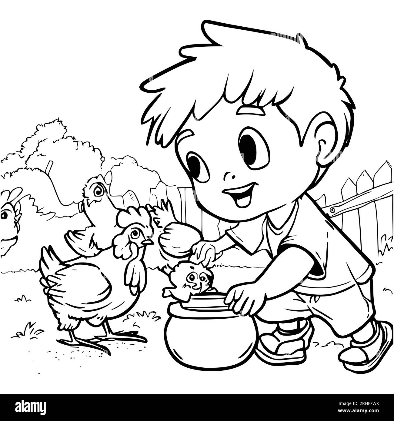 A Boy Feeds Chickens Coloring Pages For Kids Stock Vector