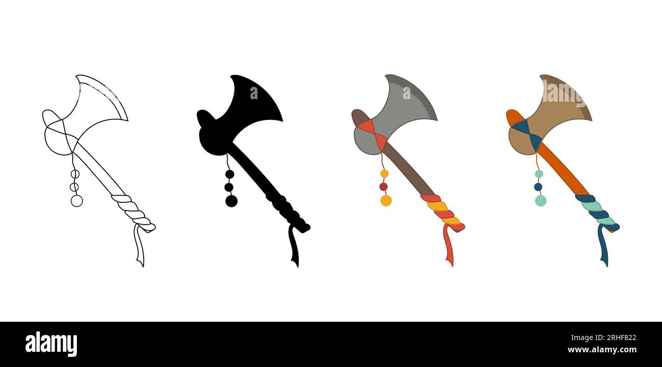 Set of axes of ancient African and Indian tribes and peoples. Axes in color, silhouette, contour. Isolated vector. Native American Indian Tomahawk wea Stock Vector