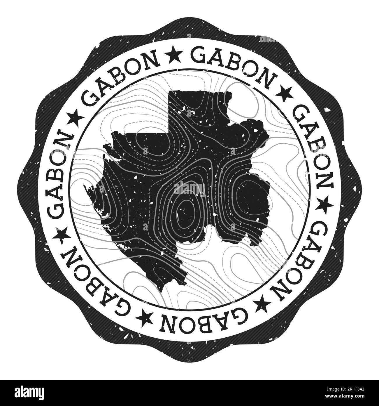 Gabon outdoor stamp. Round sticker with map of country with topographic