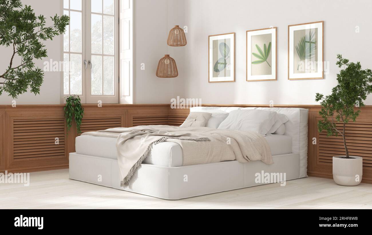 Modern bedroom in white tones. Double soft bed, wooden wall panel with ...