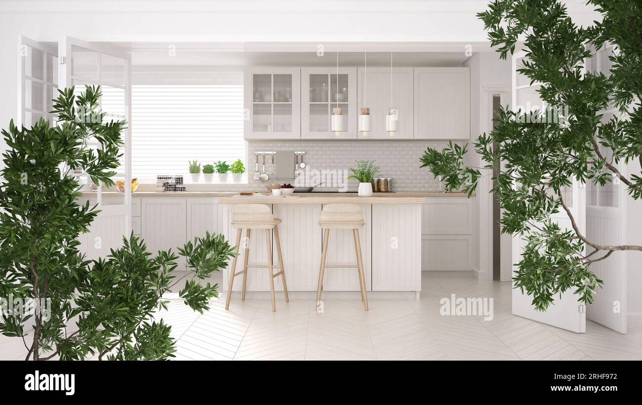 Green summer or spring leaves, tree branch over interior design scene ...