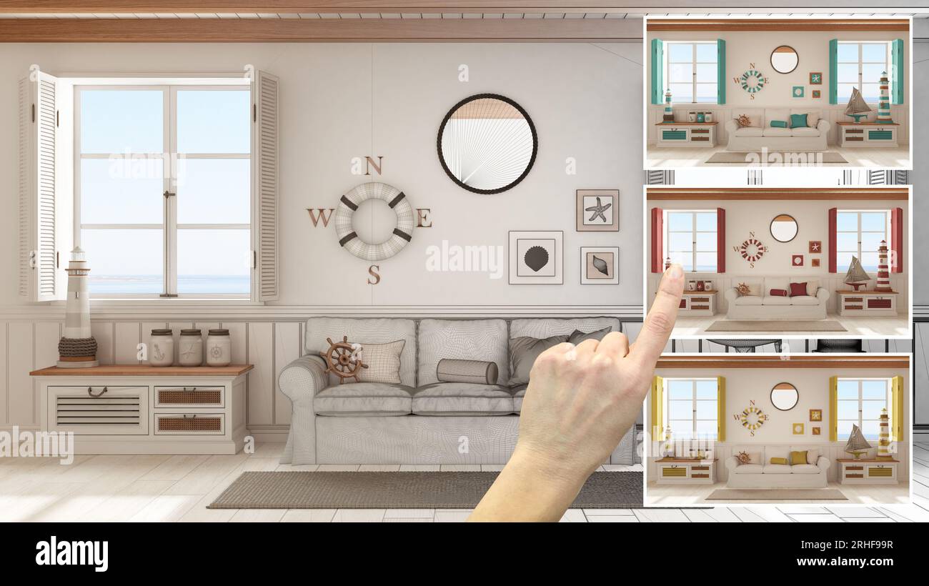 Architect designer concept, hand showing living room, sofa, panoramic ...