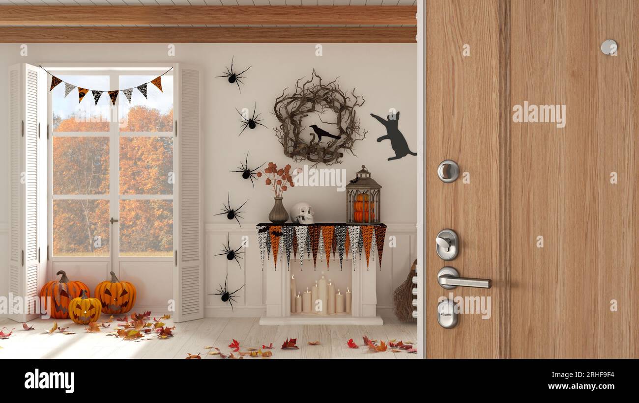 Wooden entrance door opening on Halloween living room with fireplace ...