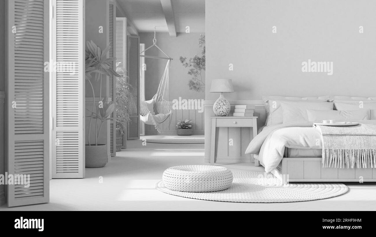 Total white project draft, country wooden bedroom close up in boho