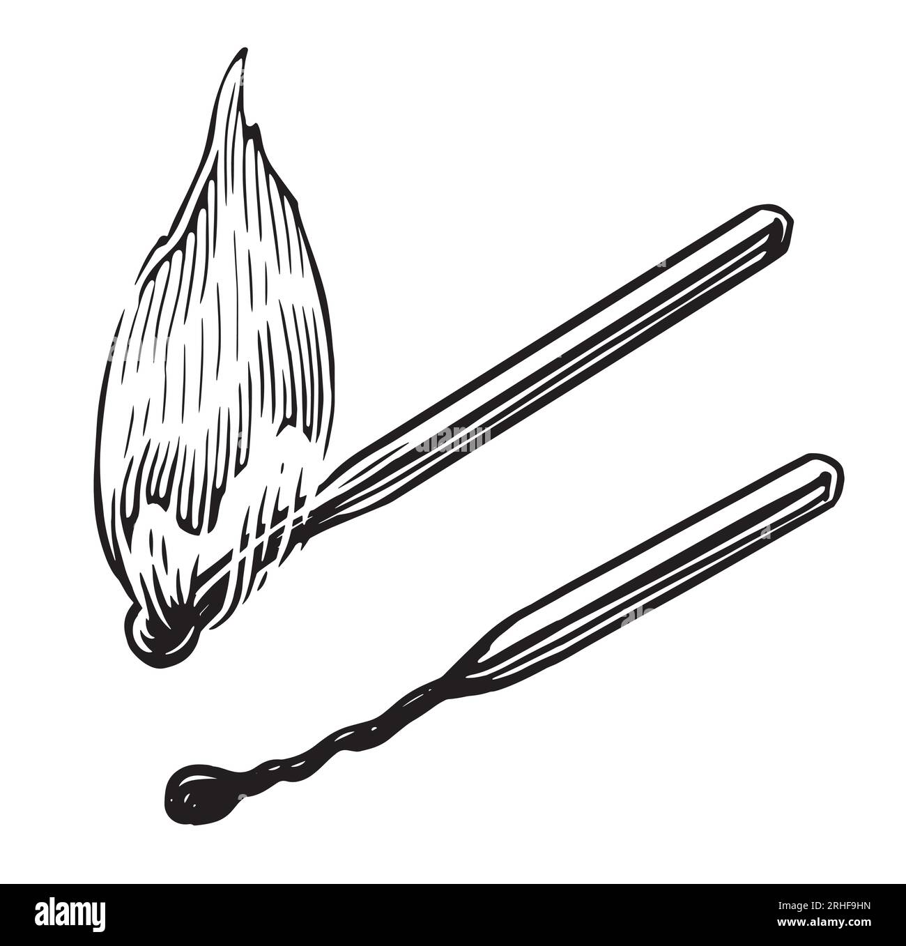 Burning wooden matchstick with flame. Match with fire sketch. Vintage