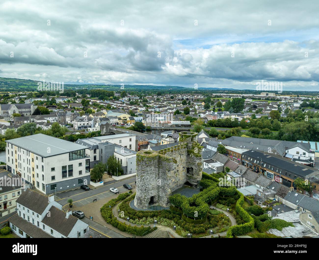 Aerial View Of Carlow Castle And Town In Ireland With Circular Towers 