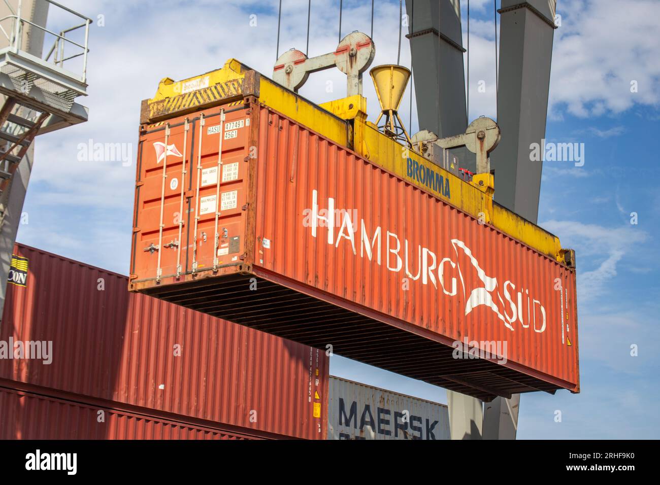 Container handling in the port of Mannheim. A container labelled ...