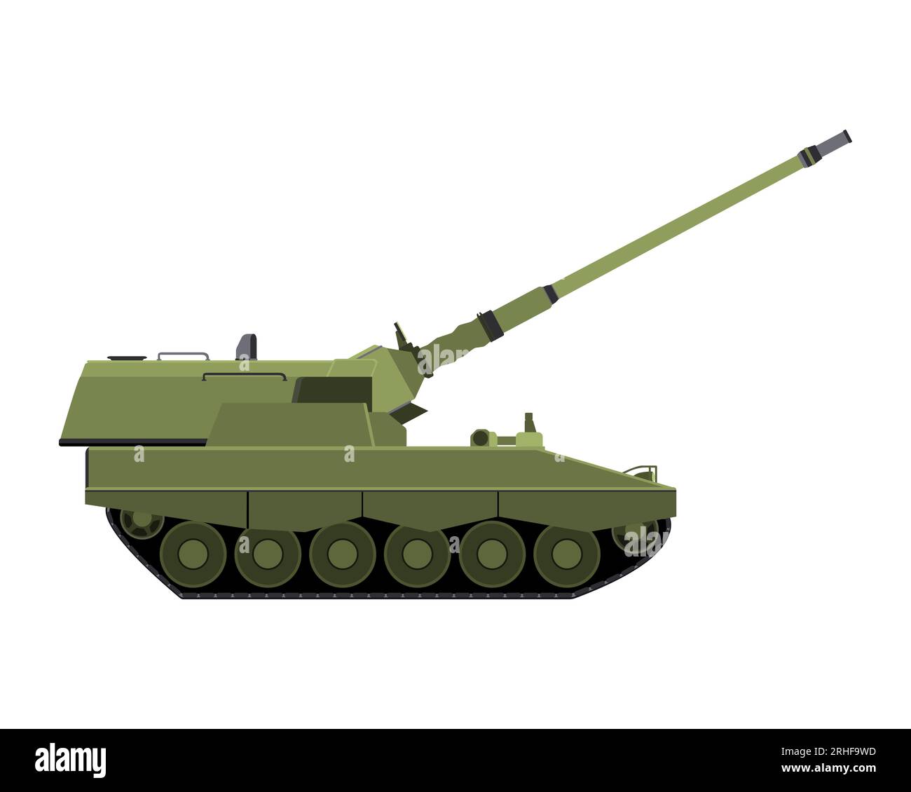 Self-propelled howitzer in flat style. Raised barrel. Military armored vehicle. Colorful vector illustration isolated on white background. Stock Vector