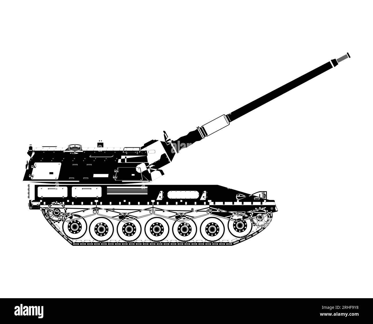 Self-propelled howitzer outline. Raised barrel. Military armored vehicle. Vector illustration isolated on white background. Stock Vector