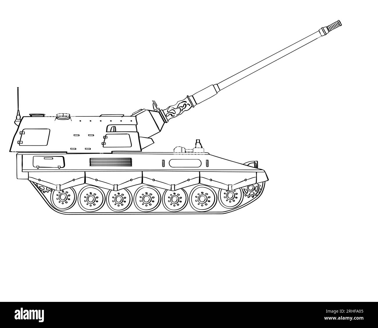 Military armored vehicle doodle. Selfpropelled howitzer. Raised barrel