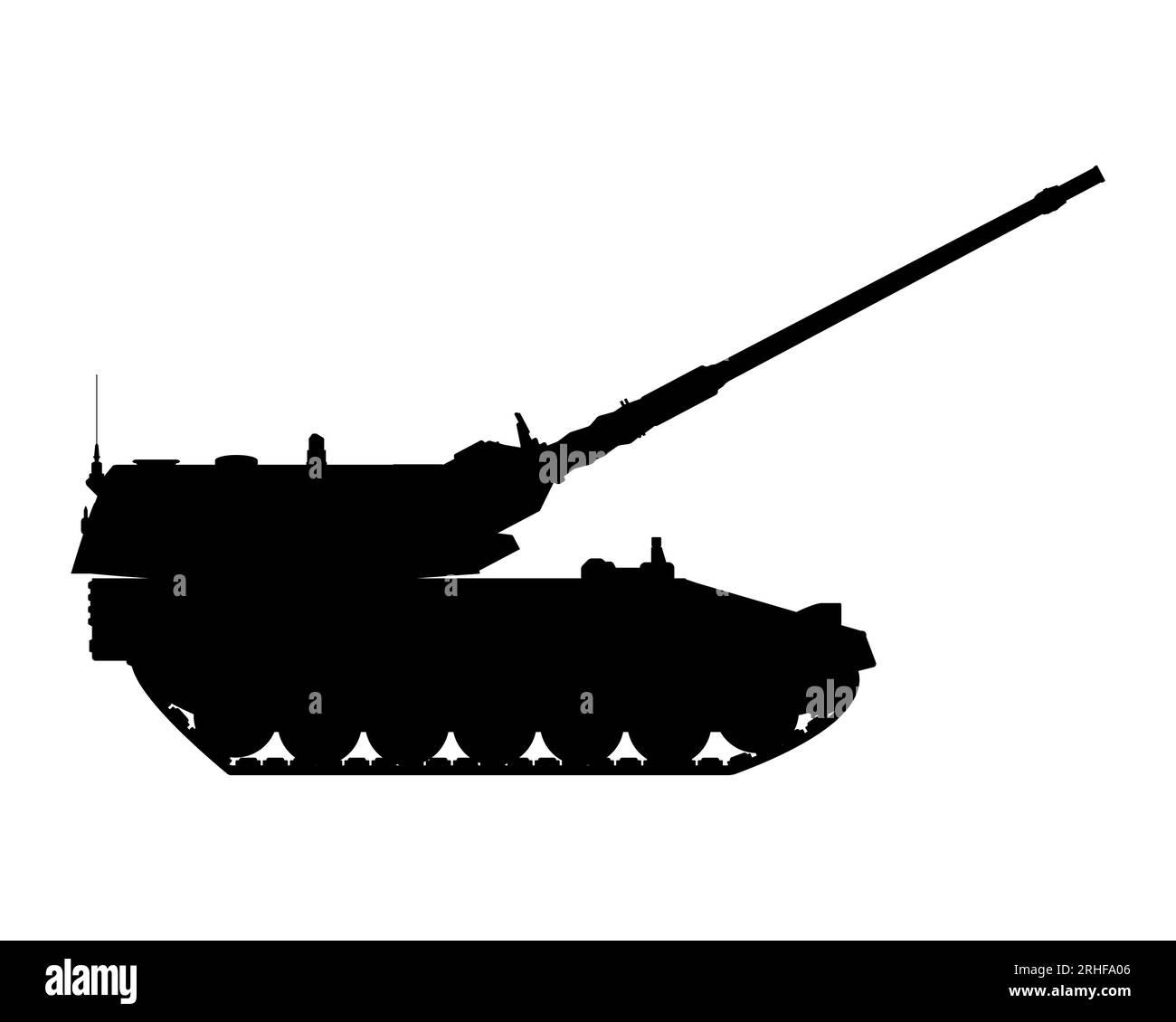 Self-propelled howitzer silhouette. Raised barrel. Military armored vehicle. Vector illustration isolated on white background. Stock Vector