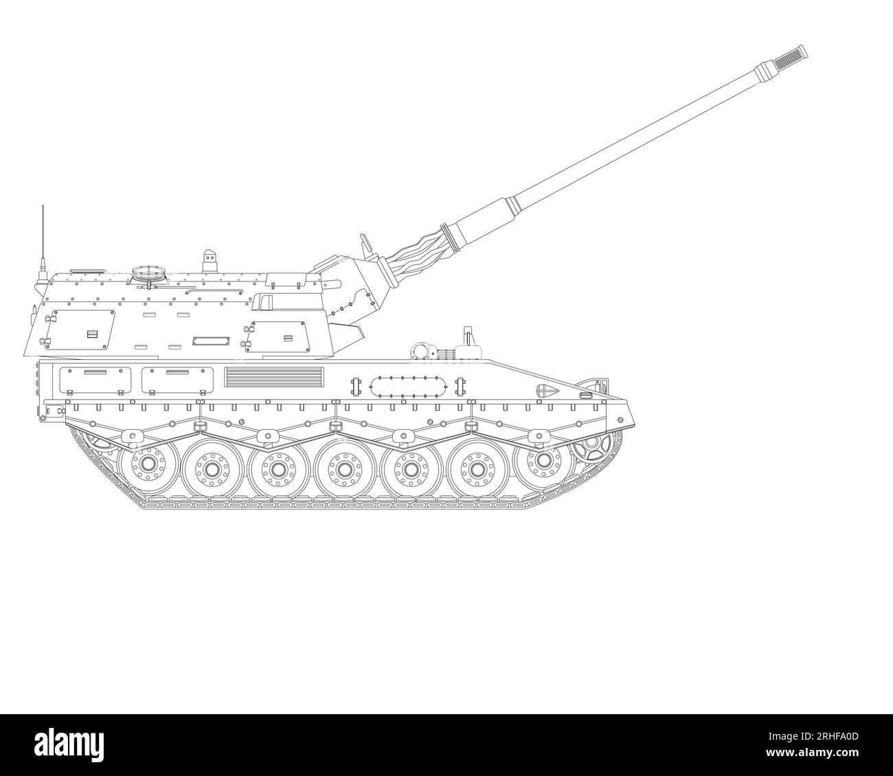 Self-propelled howitzer in line art. Raised barrel. Military armored vehicle. Detailed illustration isolated on white background. Stock Photo