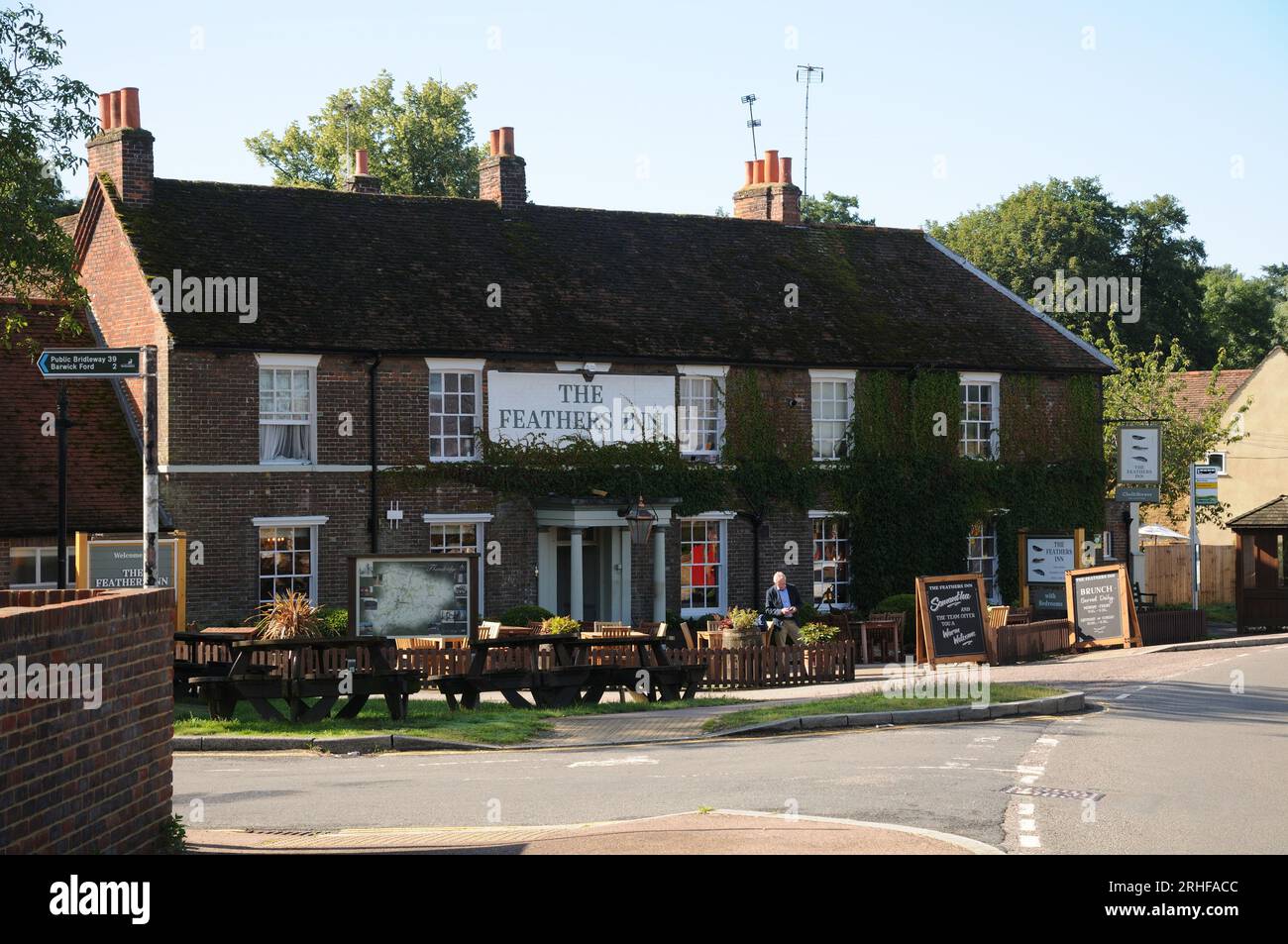 The Feathers Inn, Wadesmill, Hertfordshire. It used to have stabling for over one hundred horses and was one of the main coaching stops on the London Stock Photo