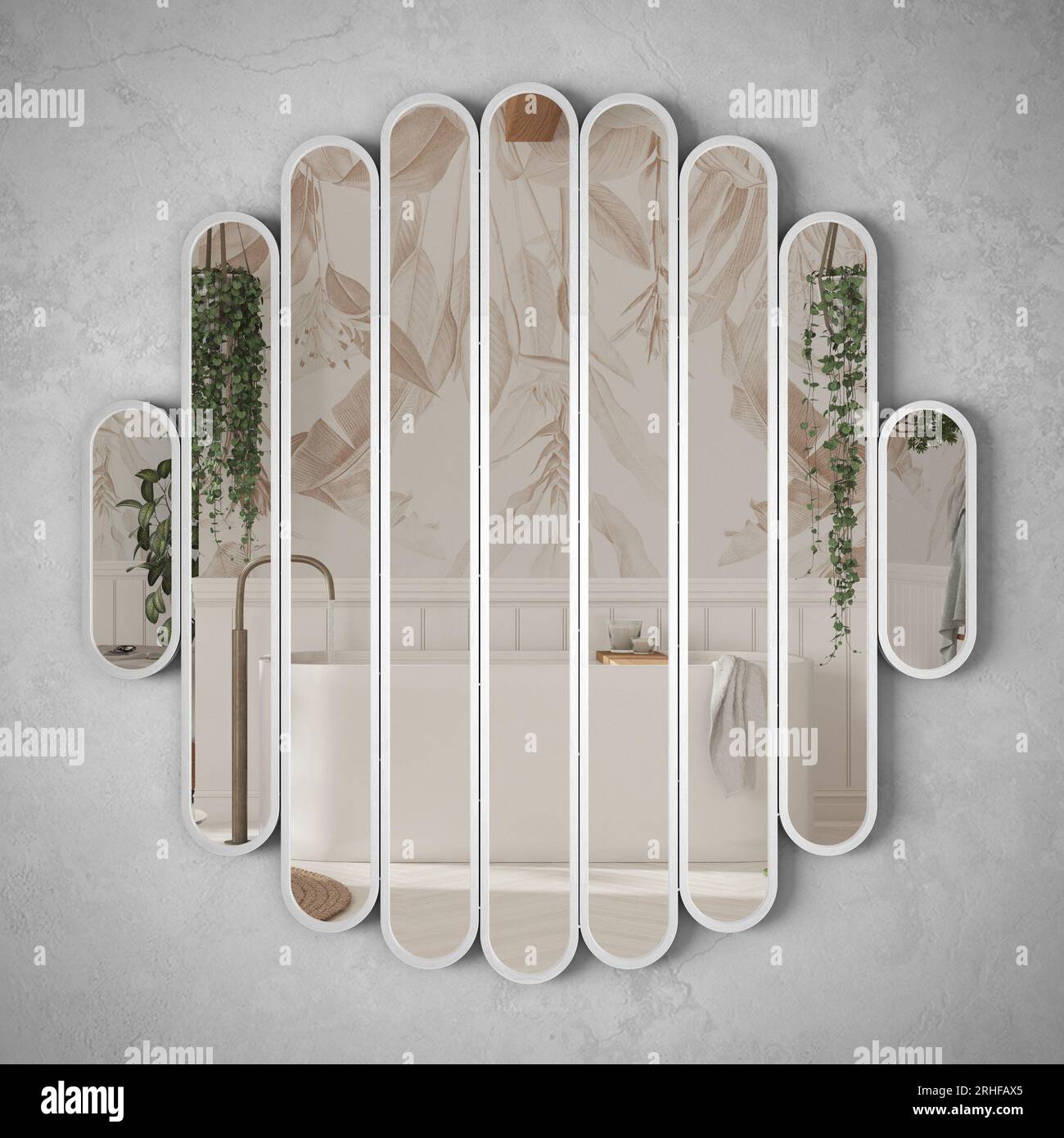 Round mirrors hanging on the wall reflecting interior design scene