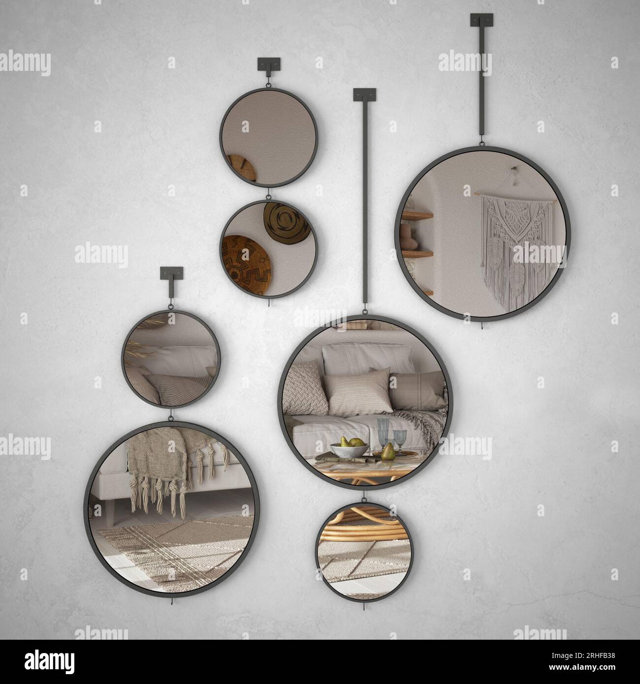 Round mirrors hanging on the wall reflecting interior design scene ...