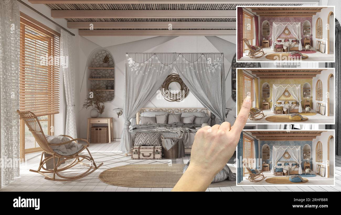 Architect designer concept, hand showing boho bedroom with canopy bed ...