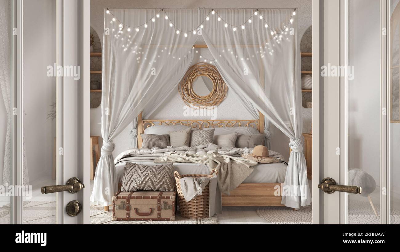 Classic white glass door opening on bohemian wooden bedroom in boho style. Canopy  bed and rattan furniture, welcome home concept, interior design idea Stock  Photo - Alamy