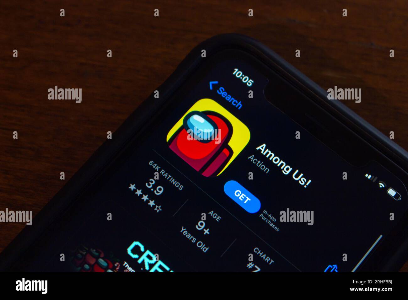 logo of Among Us App seen in App Store on iPhone. Among Us is a 2018