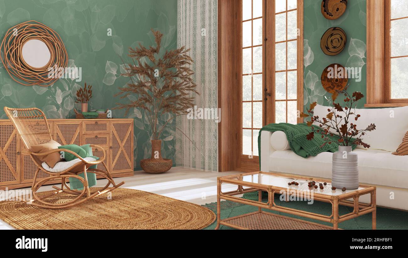 Country bohemian wooden living room in white and green tones, Sofa, rattan  chest of drawers, jute carpet and decors. Boho chic interior design Stock  Photo - Alamy, image size:1300x821