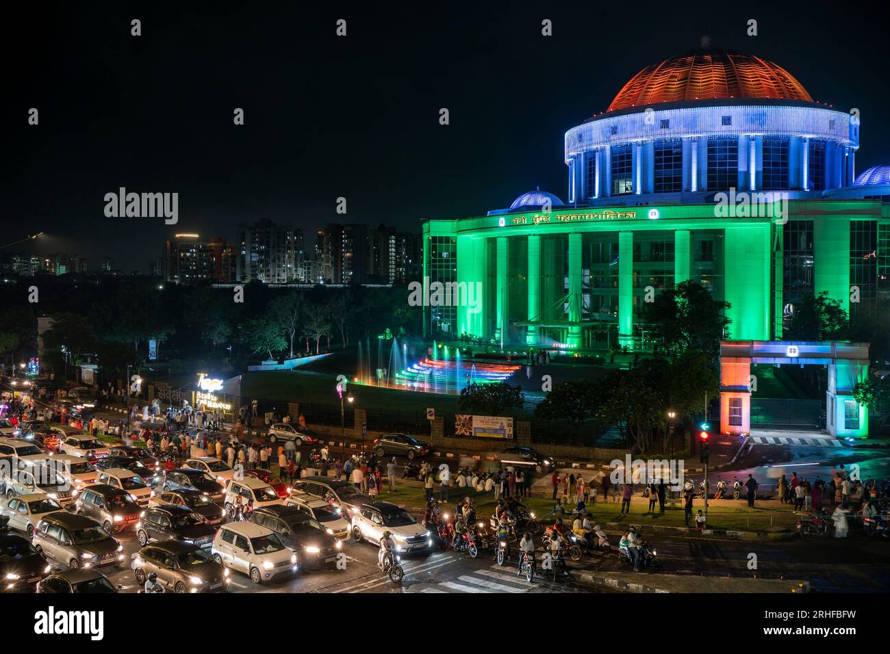 August 15 2023 Navi Mumbai Municipal Corporation headquarters building in tricolor lights in Navi Mumbai on occasion of 77th independence day Stock Photo