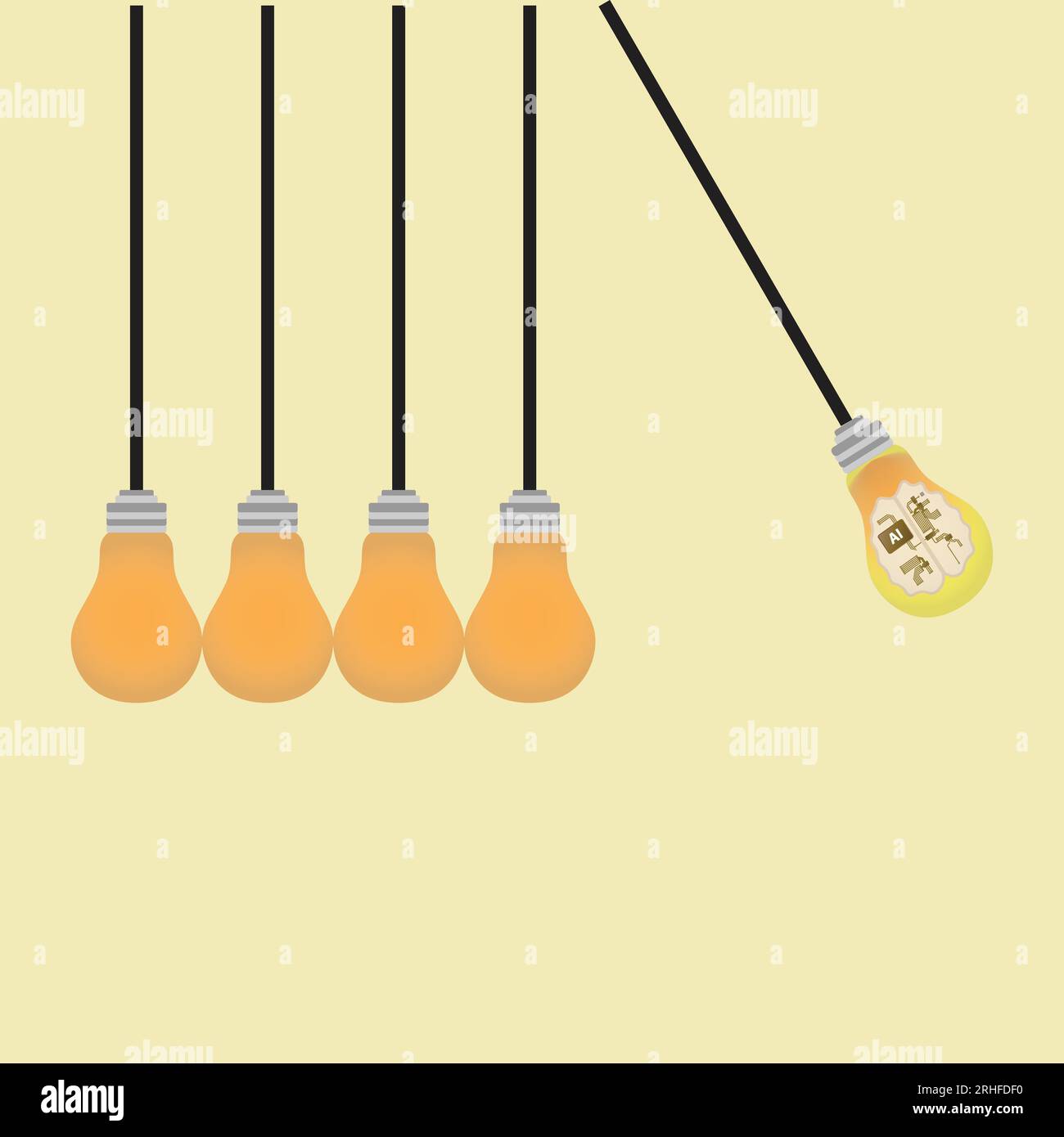 Hanging light bulbs in perpetual motion one of them with ai symbol on it Stock Vector