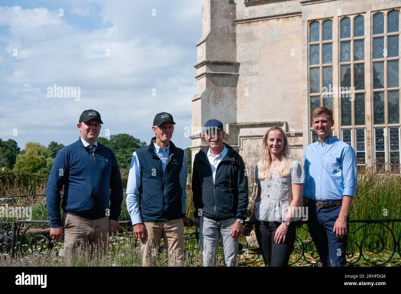 Stamford, UK. 16th Aug, 2023. L-R Event Director Martyn Johnson, Cross Country Course Designer Derek di Grazia, Burghley Ambassador and former winner Andrew Hoy, Defender Burghley First-Timer Greta Mason and Phil Brown who is competing at the event for the second time, pose in the Rose Garden during the pre event media day ahead of the 2023 Defender Burghley Horse Trials held in the grounds of Burghley House in Stamford, Lincolnshire, England, United Kingdom. Credit: Jonathan Clarke/Alamy Live News Stock Photo
