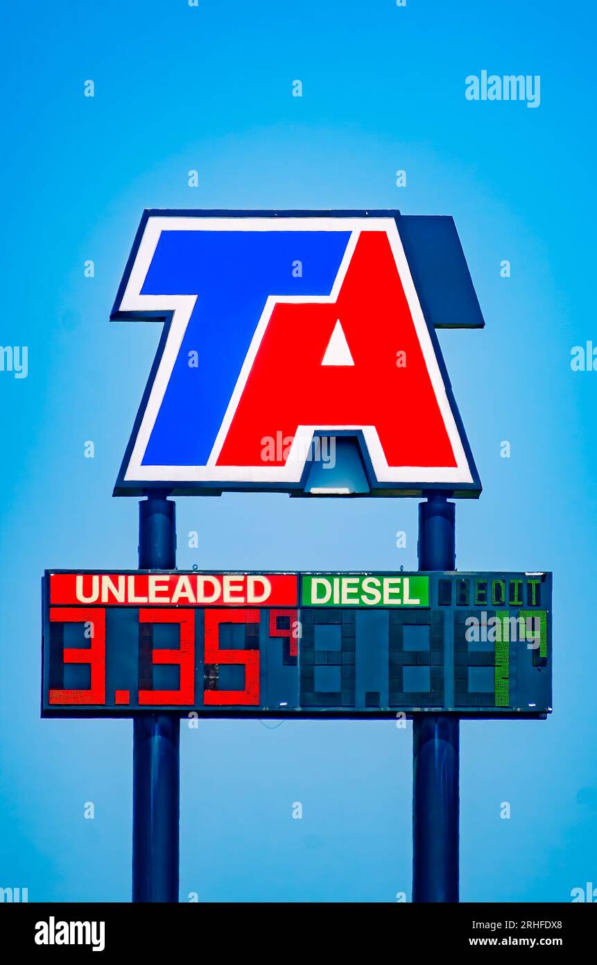 TA truck stop avertises unleaded gas for $3.35 per gallon, Aug. 15, 2023, in Grand Bay, Alabama. TA is owned by TravelCenters of America. Stock Photo