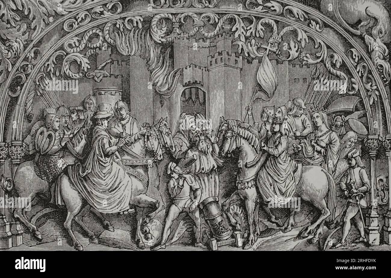 Spanish Reconquest. Granada War (1482-1492). Surrender of the town of Montefrío, near Granada, 1486. The Moors delivering the keys of the town to the Catholic Monarchs. Engraving by Huyot after the bas-reliefs of the choir stalls in Toledo Cathedral, 16th century. 'Vie Militaire et Religieuse au Moyen Age et à l'Epoque de la Renaissance'. Paris, 1877. Stock Photo