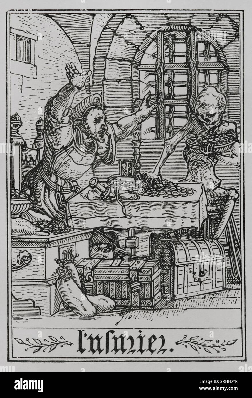 The Miser. Depiction of a rich man who has locked himself in a room with barred windows. Coins, chests and bags of money all around him. A skeleton is trying to take coins from the table, being rebuked by the man who does not seem to be afraid of it. Facsimile of an engraving belonging to the series 'The Dance of Death' by Hans Holbein the Younger, in 'Les Simulachres et Histoires facées de la Mort', 1538. 'Vie Militaire et Religieuse au Moyen Age et à l'Epoque de la Renaissance'. Paris, 1877. Stock Photo