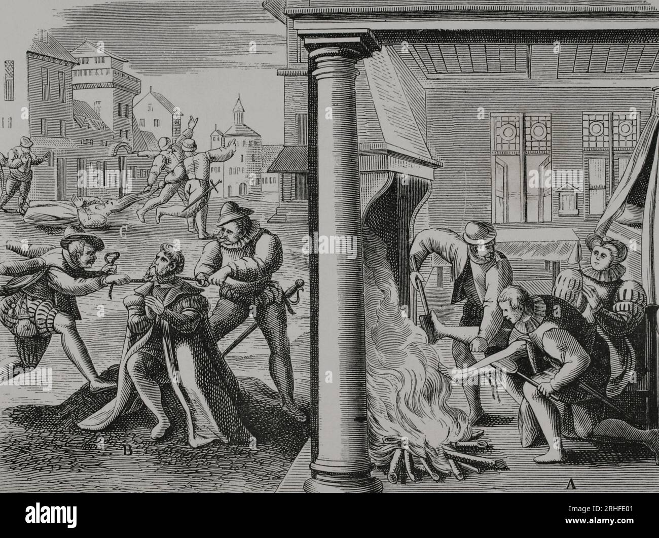 French Wars of Religion, 16th century. Violence by French Huguenots (French Calvinist Protestants) against Catholics. On the right: noblewoman from Montbrun (Charente, France) being tortured by soldiers whom she had generously welcomed. Left ( below): Jean Arnould, the king's prosecutor in Angoulême, is strangled after having been mutilated several times. On the left ( above): the widow of the public prosecutor of the town's criminal court is dragged by her hair through the streets. 19th century engraving after 'Theatrum Crudelitatum Nostri Temporis', 1587. 'Vie Militaire et Religieuse au Moye Stock Photo