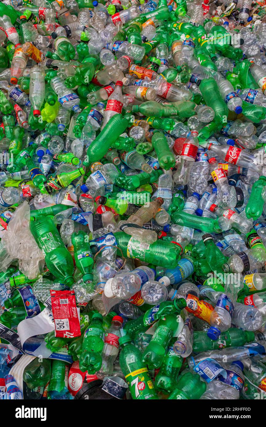 Different types of plastic bottles gathered for recycling in Dhaka
