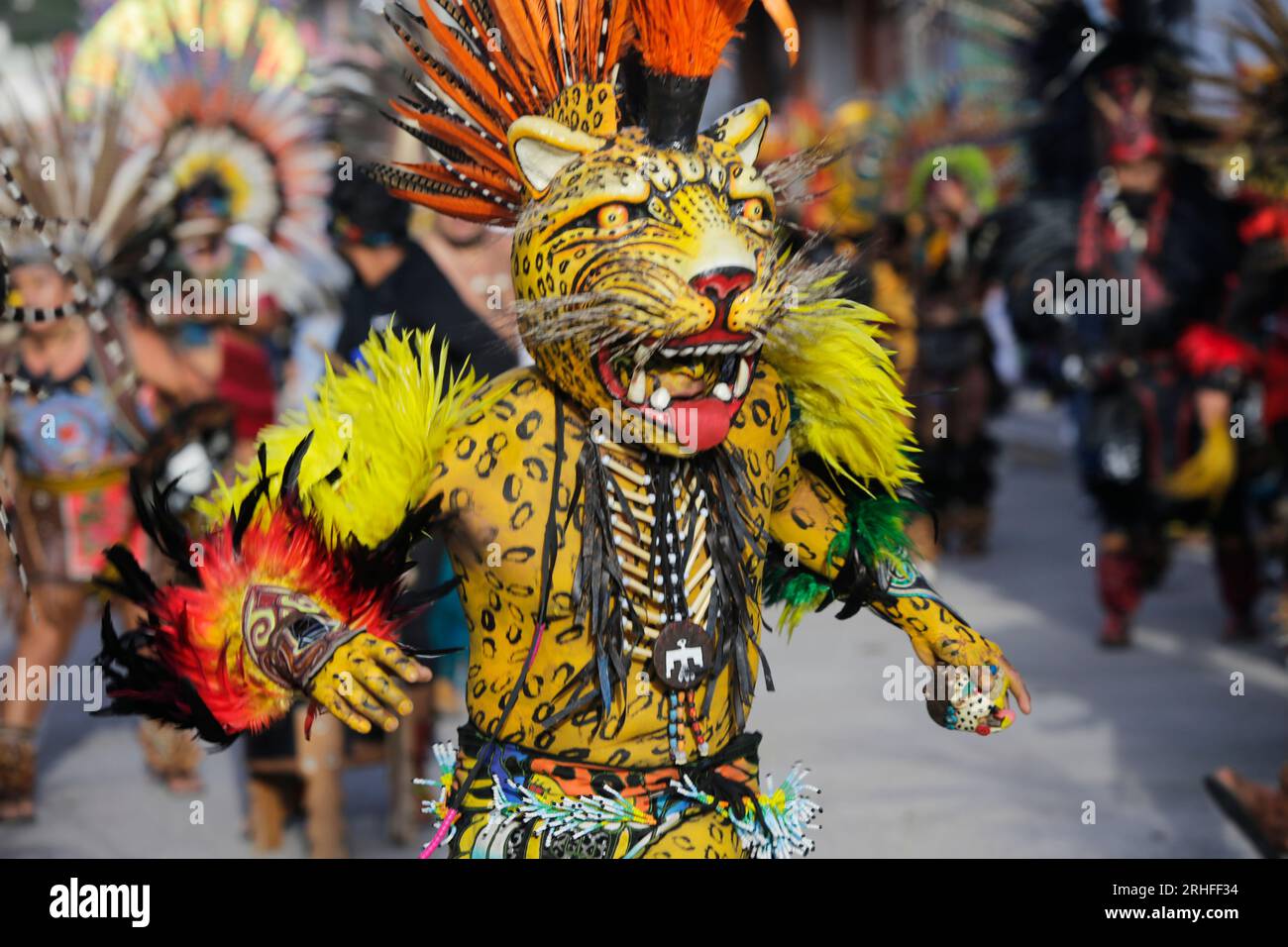 Chilapa de Alvarez, Guerrero, Mexico. 16th Aug, 2023. Jaguar warrior of the Aztecs dance. Tigrada honors the Virgin of the Assumption, and invoke Tepeyollotl, the Jaguar God and protector of the mountains, to ensure fertile earth and abundance of rainfall. (Credit Image: © Luis E Salgado/ZUMA Press Wire) EDITORIAL USAGE ONLY! Not for Commercial USAGE! Stock Photo