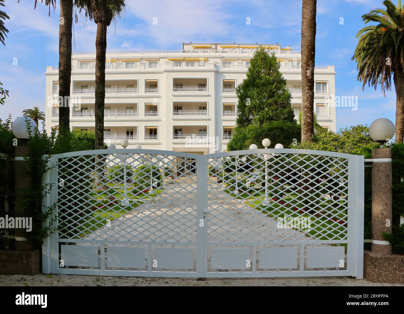 Gated entrance to the Eurostars Gran Hotel 5 star hotel built 1907 La Toja Island Pontevedra Galicia Spain Stock Photo