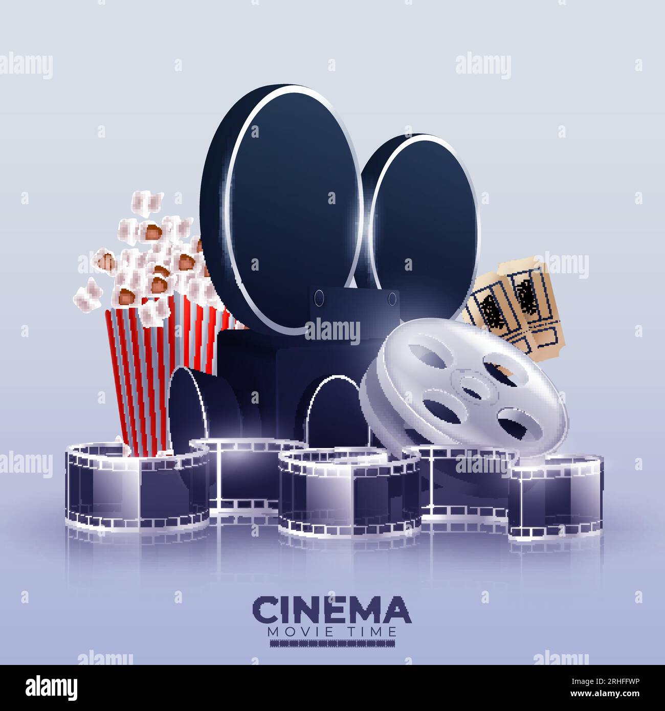 Movie film reels are seen in this 3-D illustration about the cinema