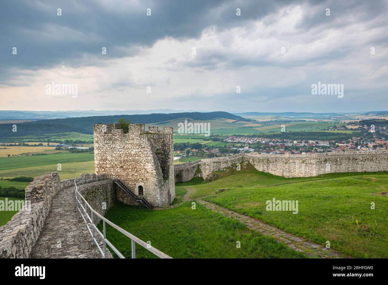 Landscape view of a watchtower and defensive wall of Spiss Castle in northern Slovakia Stock Photo