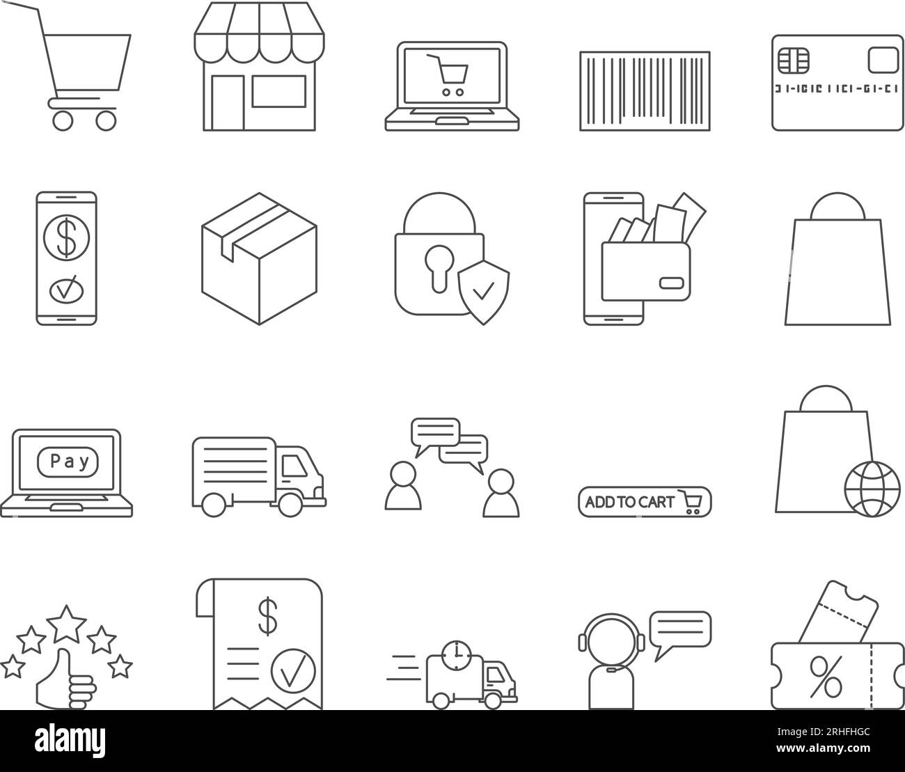 E-commerce Icons Set. Shopping Cart, Store, Digital Wallet. Editable Stroke. Simple Icons Vector Collection Stock Vector