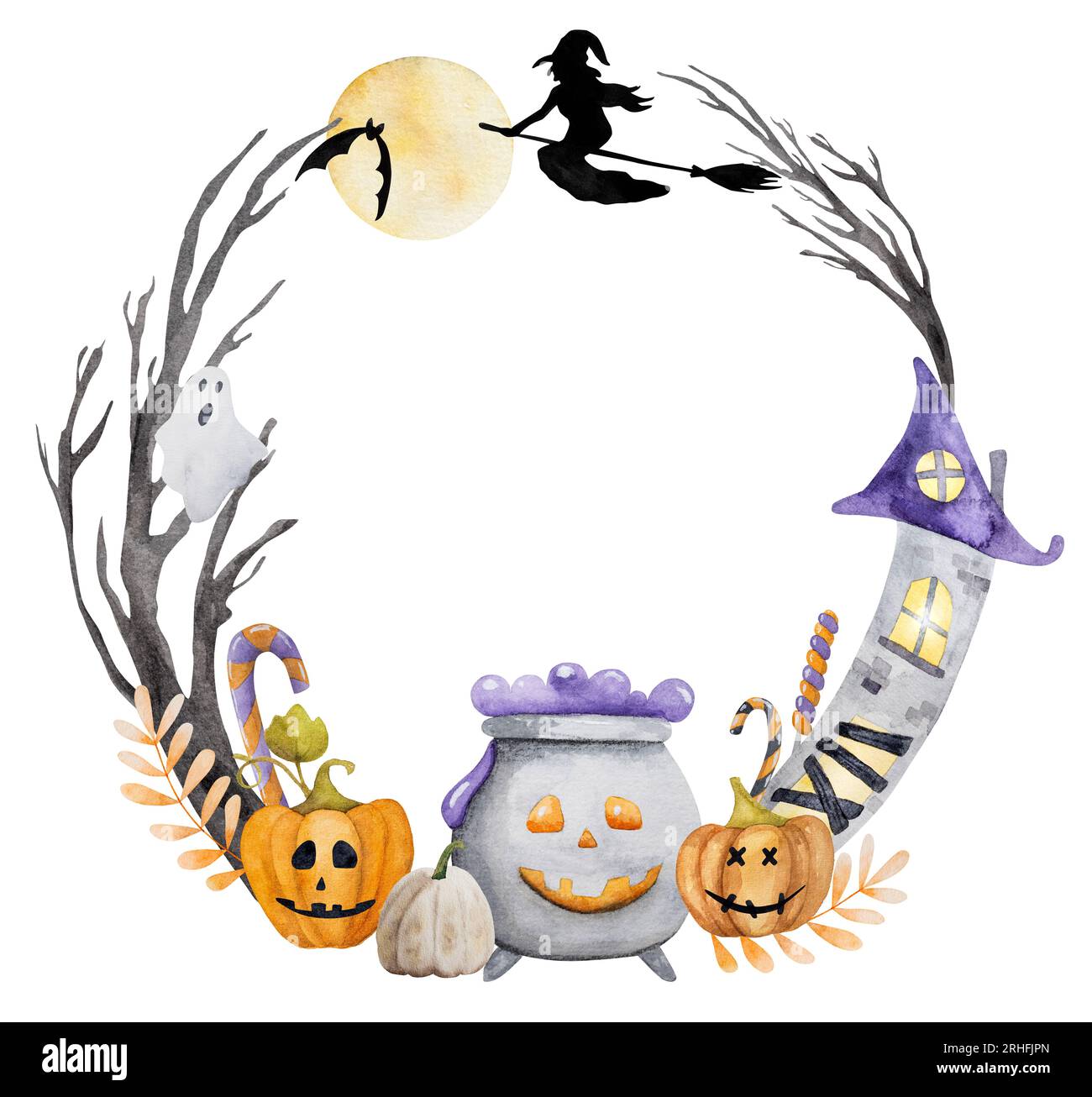 Halloween wreath with pumpkin, witch and ghost house watercolor ...
