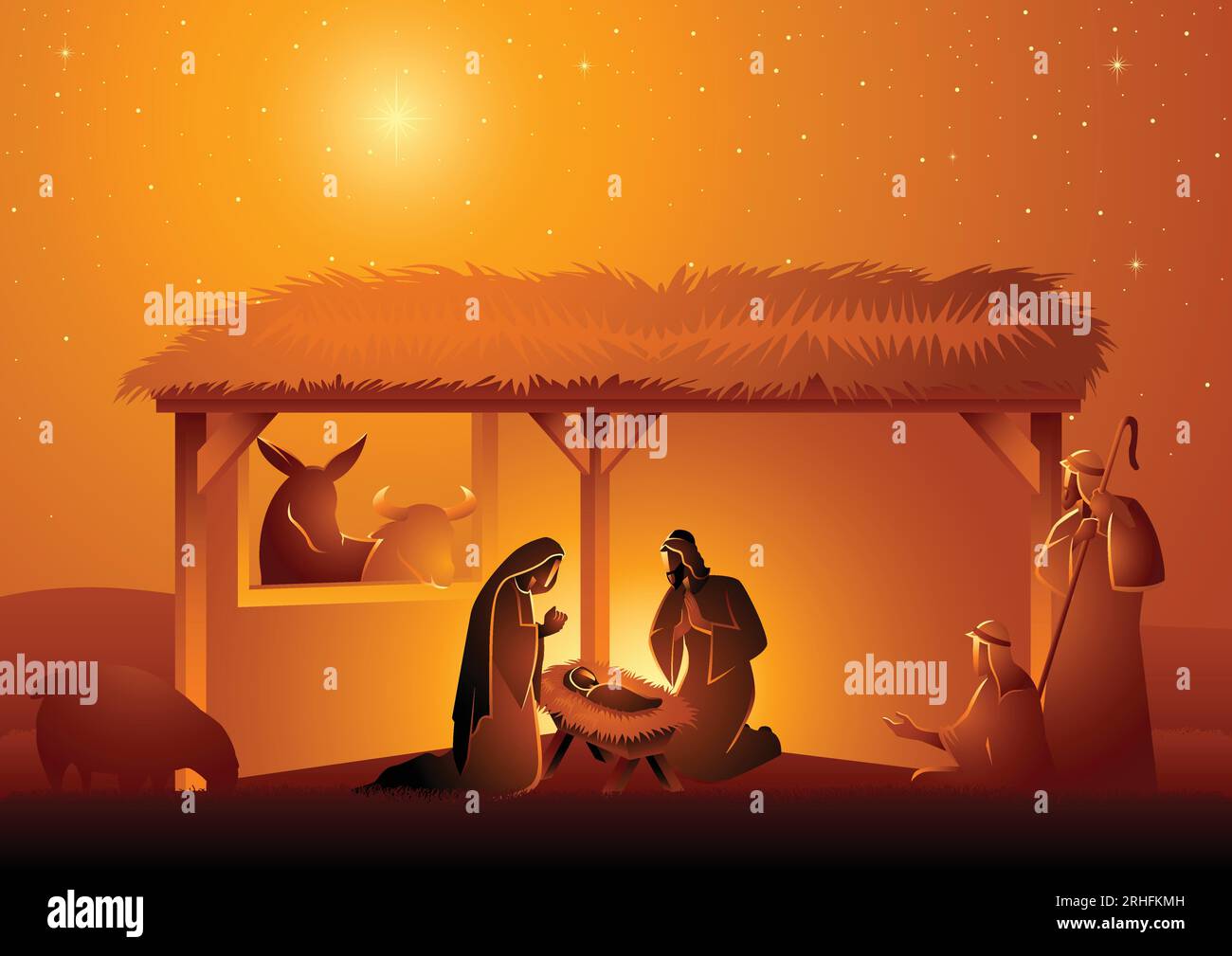 Biblical vector illustration series, nativity scene of The Holy Family in stable. Christmas 