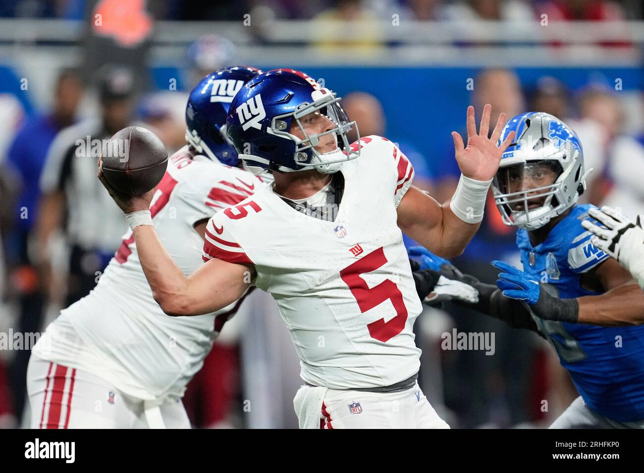 New York Giants quarterback Tommy DeVito (5) throws against the Detroit  Lions during an preseason NFL football game in Detroit, Friday, Aug. 11,  2023. (AP Photo/Paul Sancya Stock Photo - Alamy