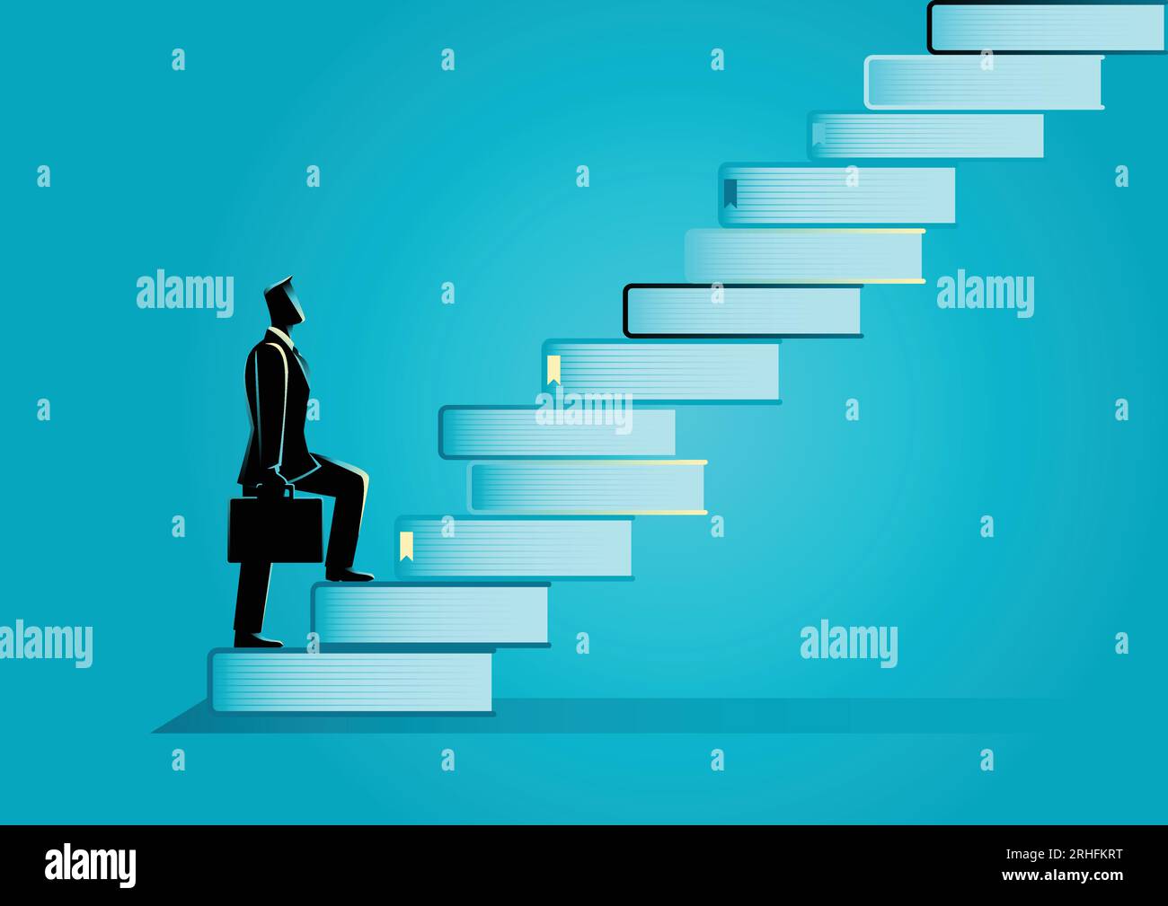 Business concept vector illustration of a businessman with suitcase going  up the stairs made from books. Education, knowledge for success concept  Stock Vector Image & Art - Alamy