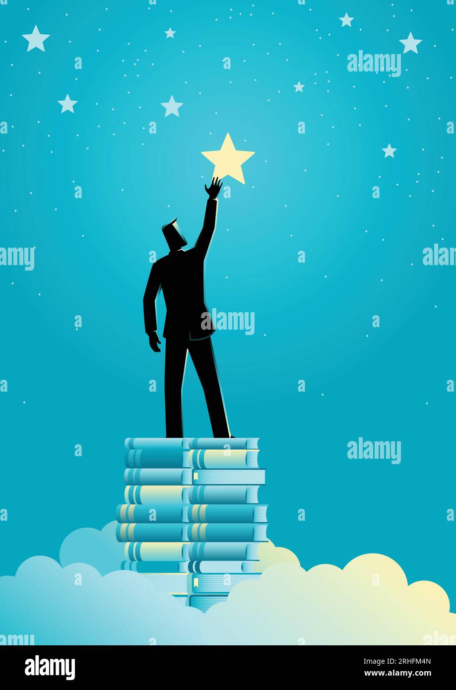 Business concept illustration of a businessman reach out for the stars