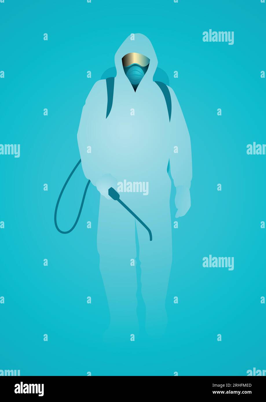 Vector illustration of a man in hazmat suit spraying disinfectant to ...