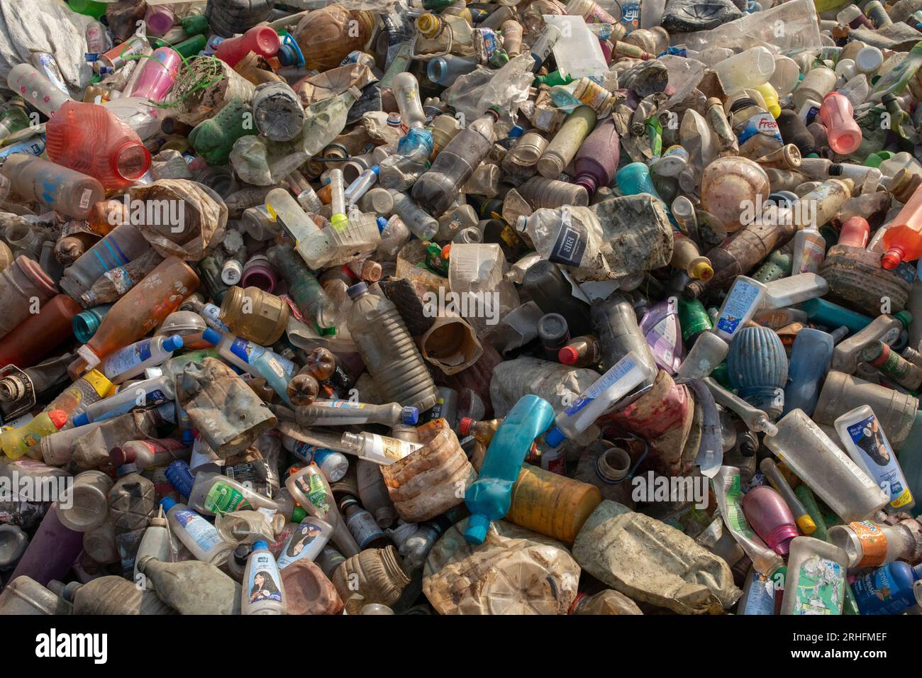 Different types of plastic bottles gathered for recycling in Dhaka ...